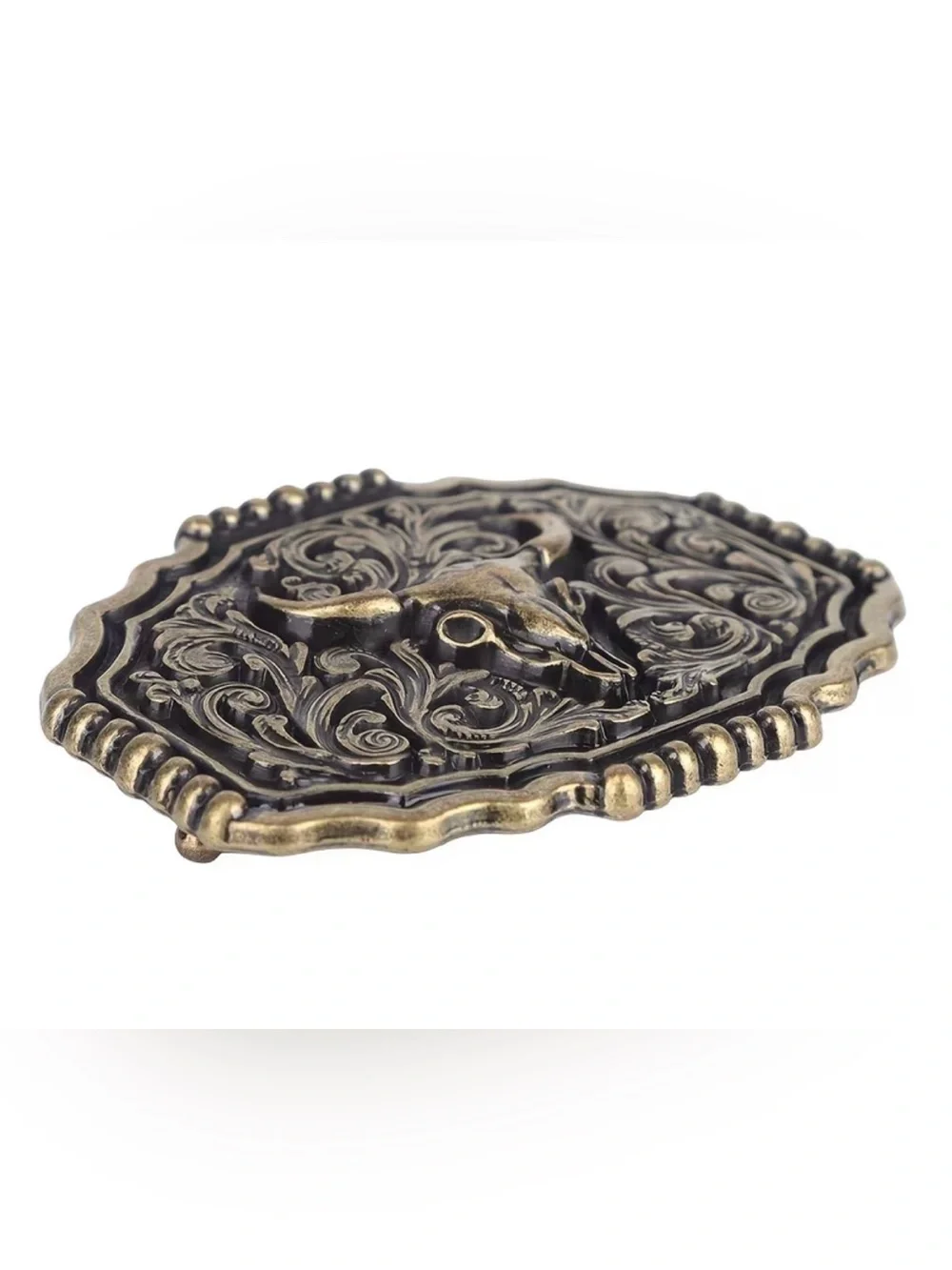 Western Bull Skull Engraved Metal Belt Buckle in Antique Gold and Black
